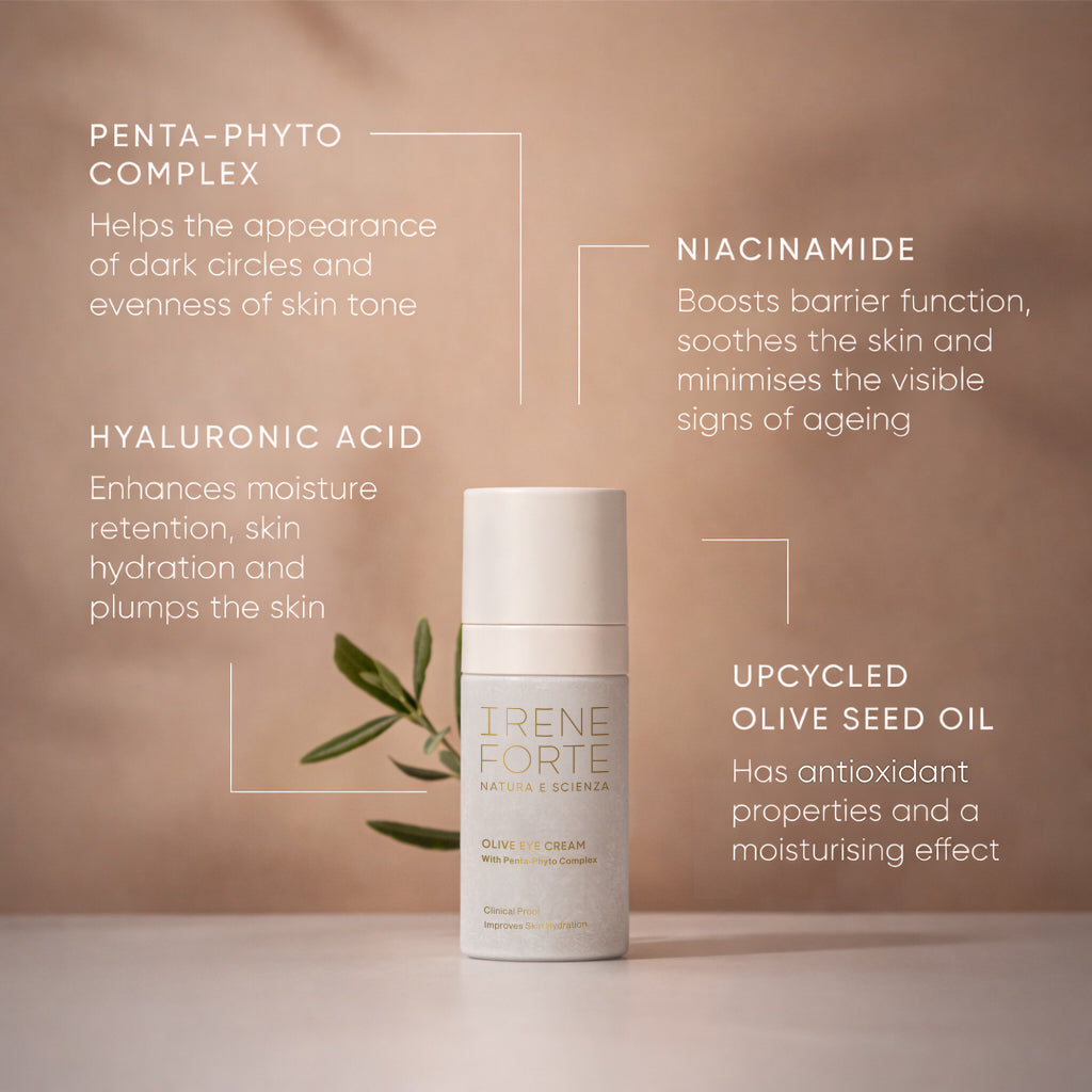 Irene Forte olive hydrating eye cream with packaging on a white background