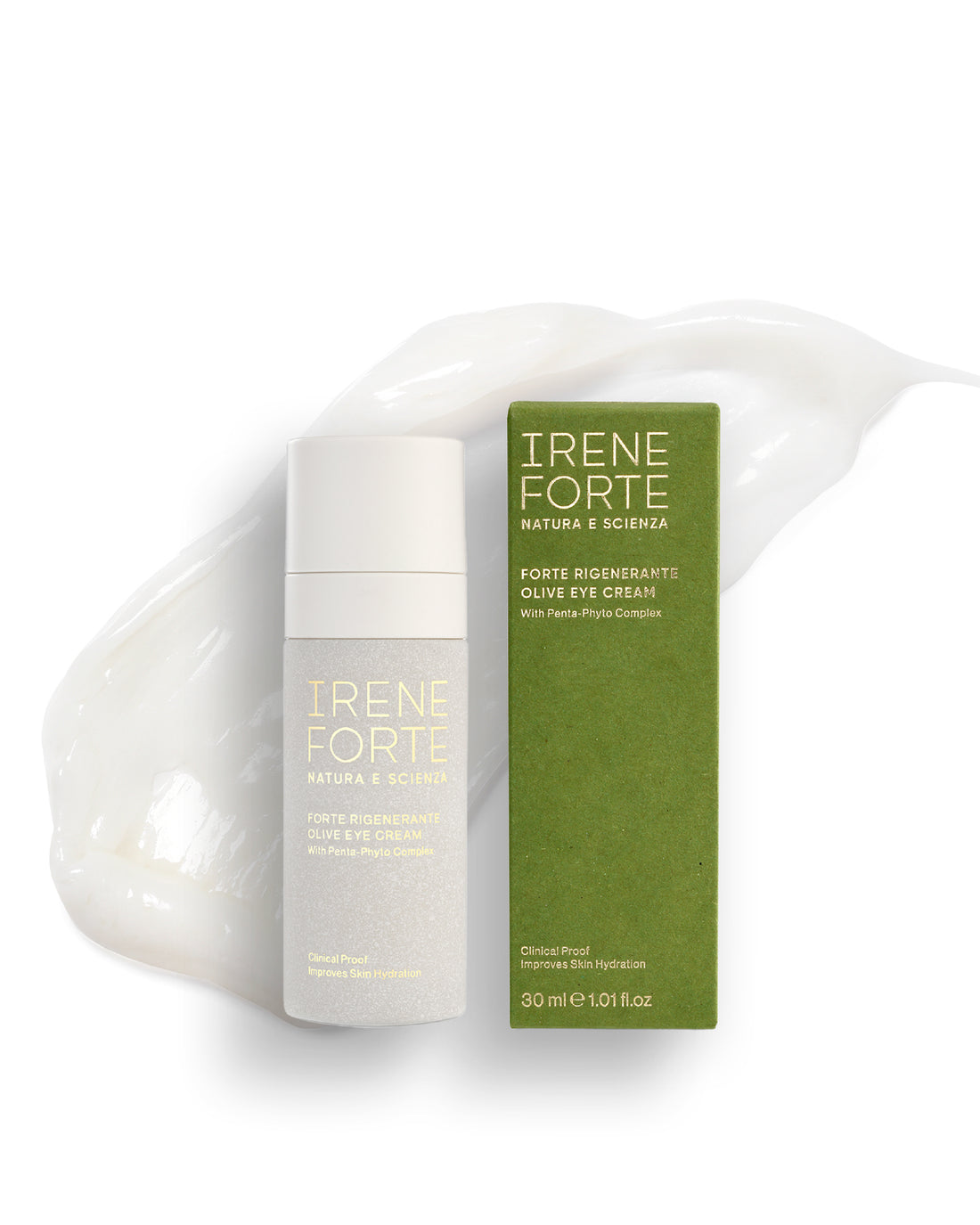 Irene Forte olive eye cream with packaging on a white background