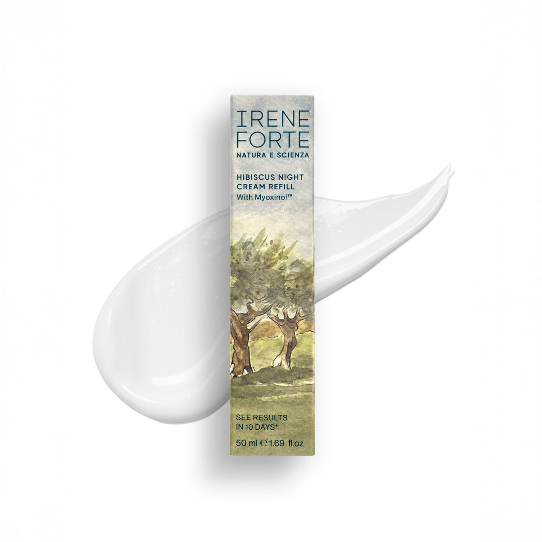 Irene Forte HIBISCUS NIGHT CREAM REFILL packaging with a white cream smear on a white background
