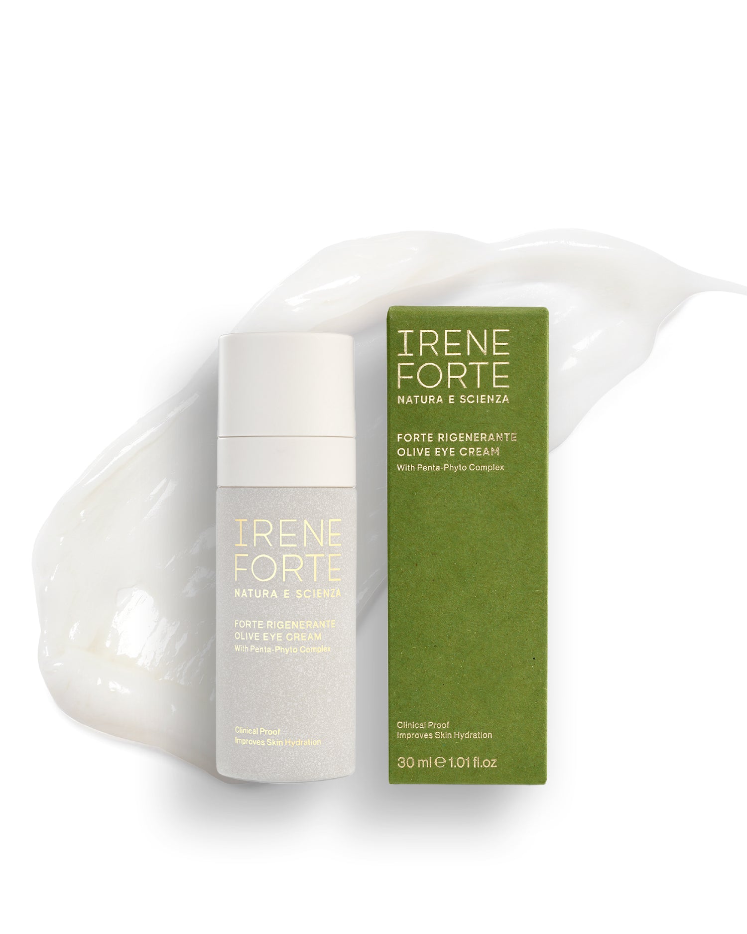 Irene Forte olive eye cream with packaging on a white background